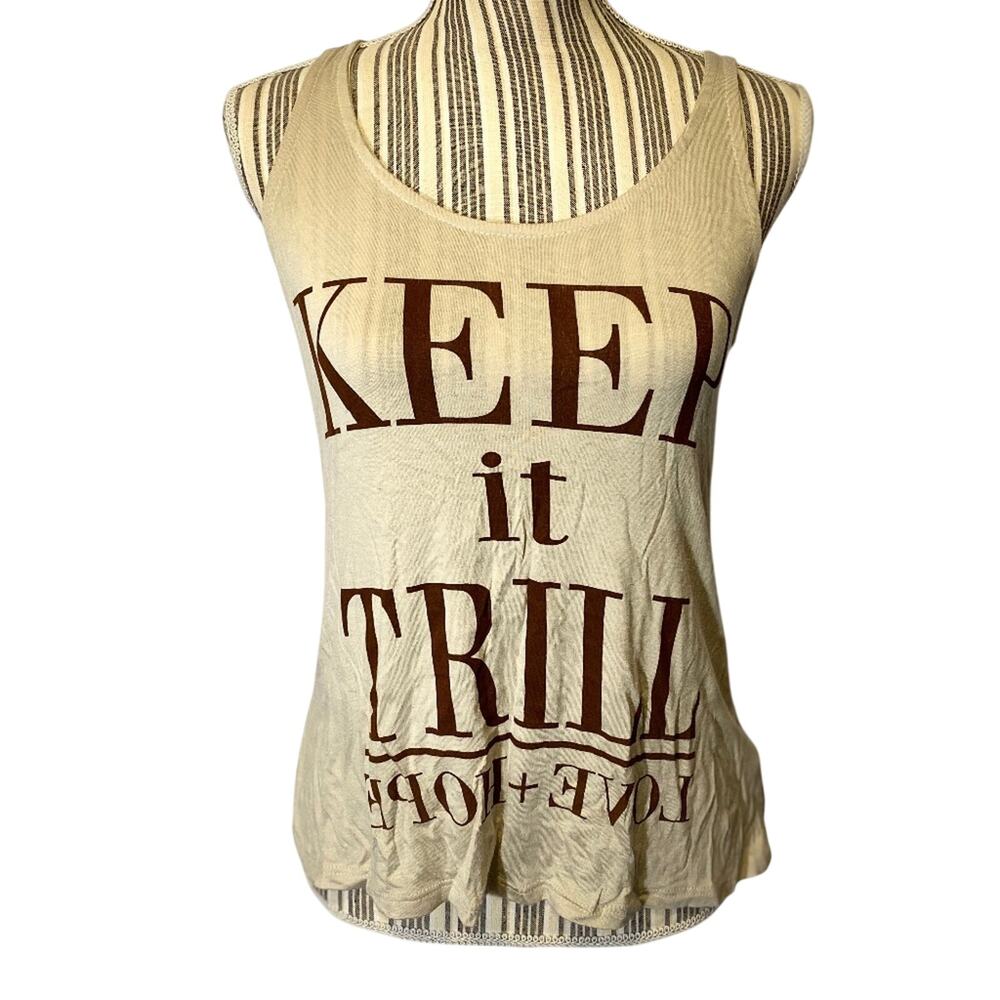 JC Fits Inc Beige Graphic Keyhole Back Sleeveless Tank Top Women’s Small